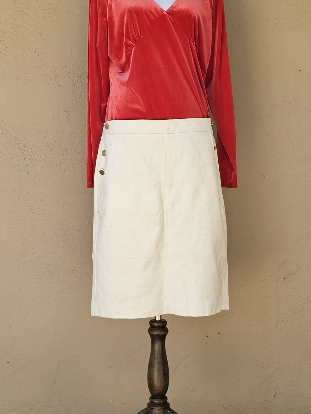 LOFT Lined Cream White A Line Pencil Skirt W/ Gold Button Accents Sz 14